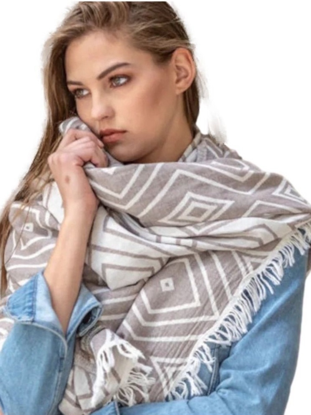 Aztec Wrap Scarf Free Hand Design Taupe Tan White Organic Cotton